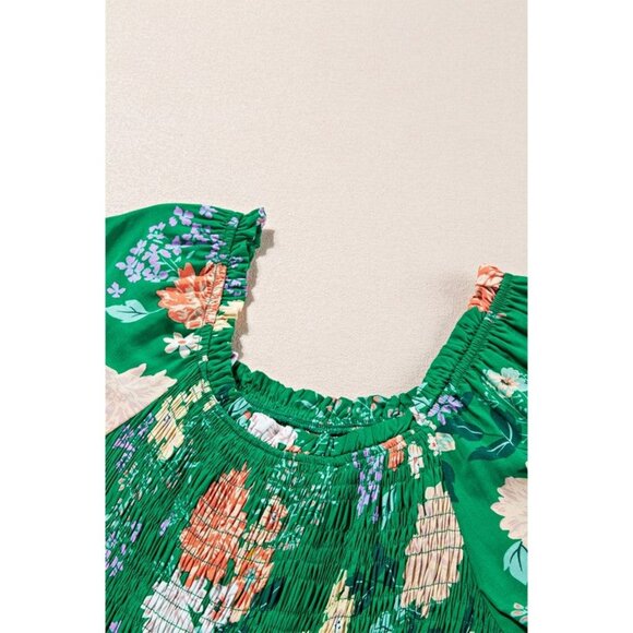 Green Floral Smocked Puff Sleeve Midi Dress For Women - Picture 3 of 12